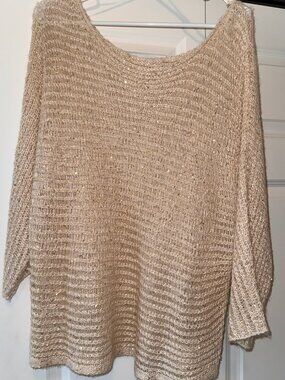 Cream Open Knit Sequin Sweater Boho Lightweight Sheer 3/4 Sleeve Top